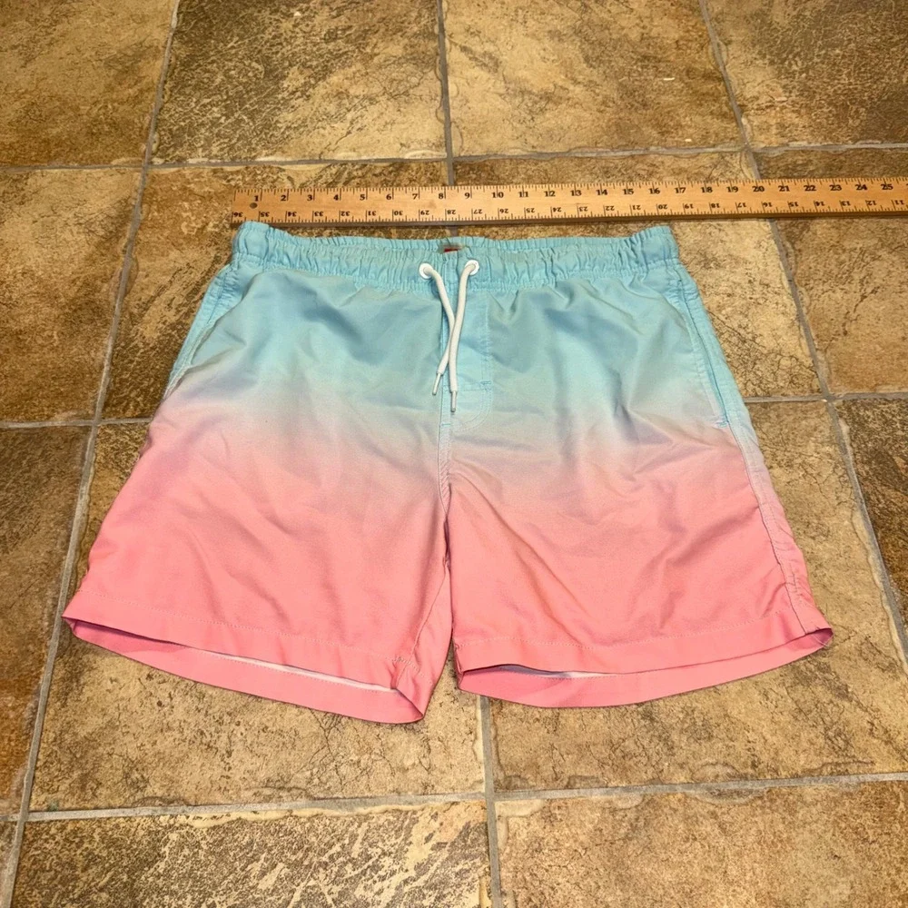 Milankerr Mens Ombre Swim Trunks Blue Pink Gradient Mesh Lined Shorts Small